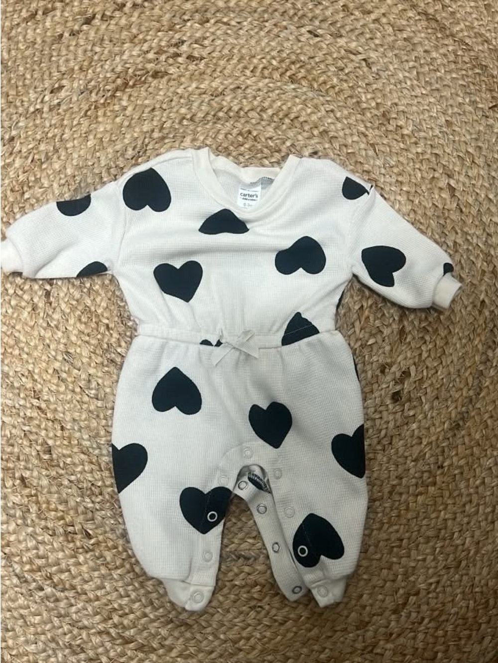 Carter's Cream Knit Footed One-Piece with Black Heart Print